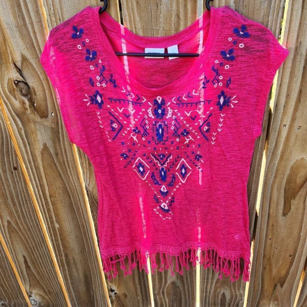 Cato Boho Embroidered Hot Pink Dolman Sleeve Top Women's Small Fringe